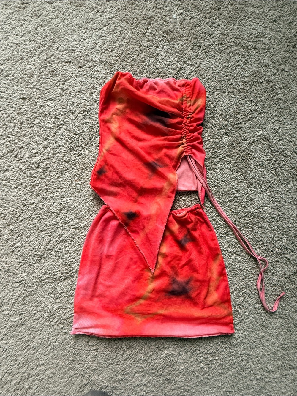Red Tie-Dye Ruched Two-Piece Set